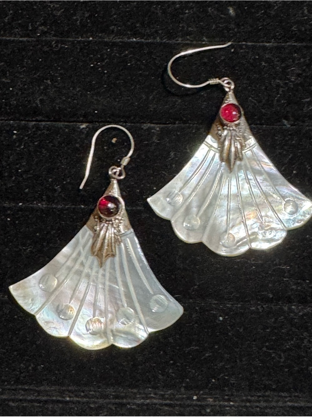 Vintage Sterling Silver Mother-of-Pearl Fan Earrings with Garnet Cabochons
